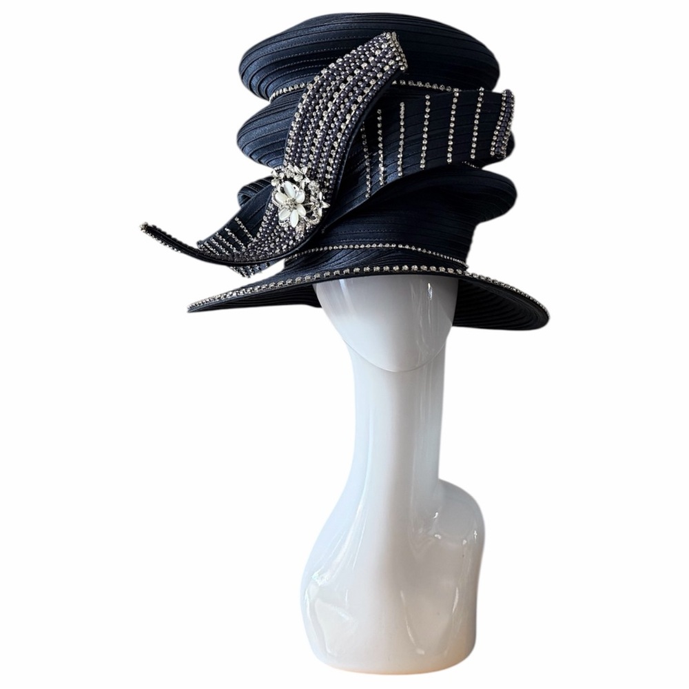 Donna Vinci Navy Blue Three Tier Hat with Blue Beads and Rhinestones